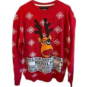 Santas Sweater Men’s L Drunk Rudoloph Red Knit Acrylic Snowflake Long Sleeve NWT